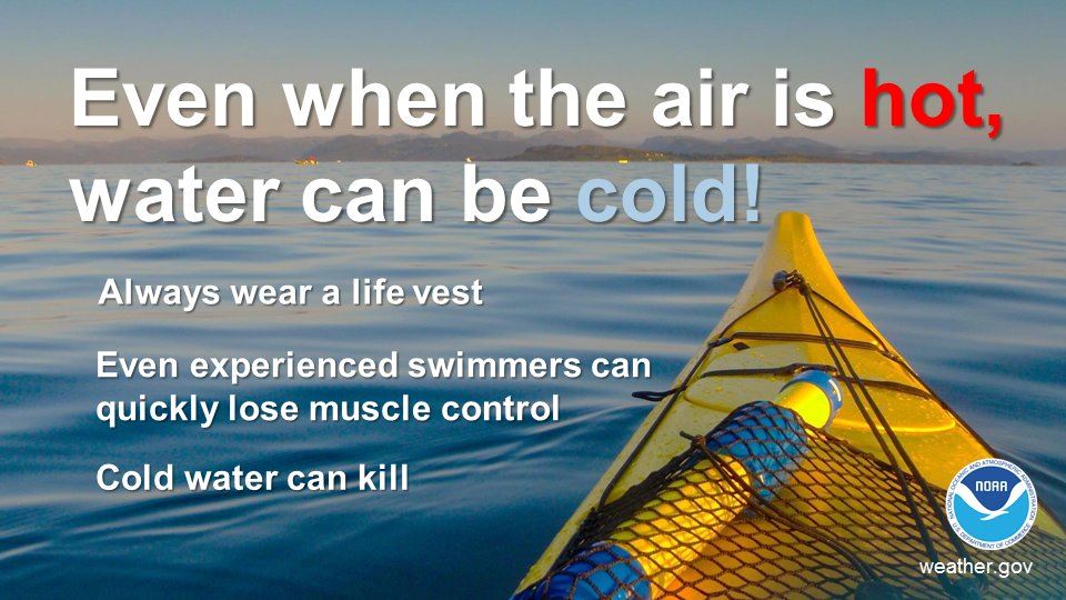 This swimmer safety image explains the danger of cold water when it is hot out.