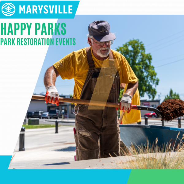 Man spreading bark chips at the Marysville Civic Center for a Park Clean Up Event